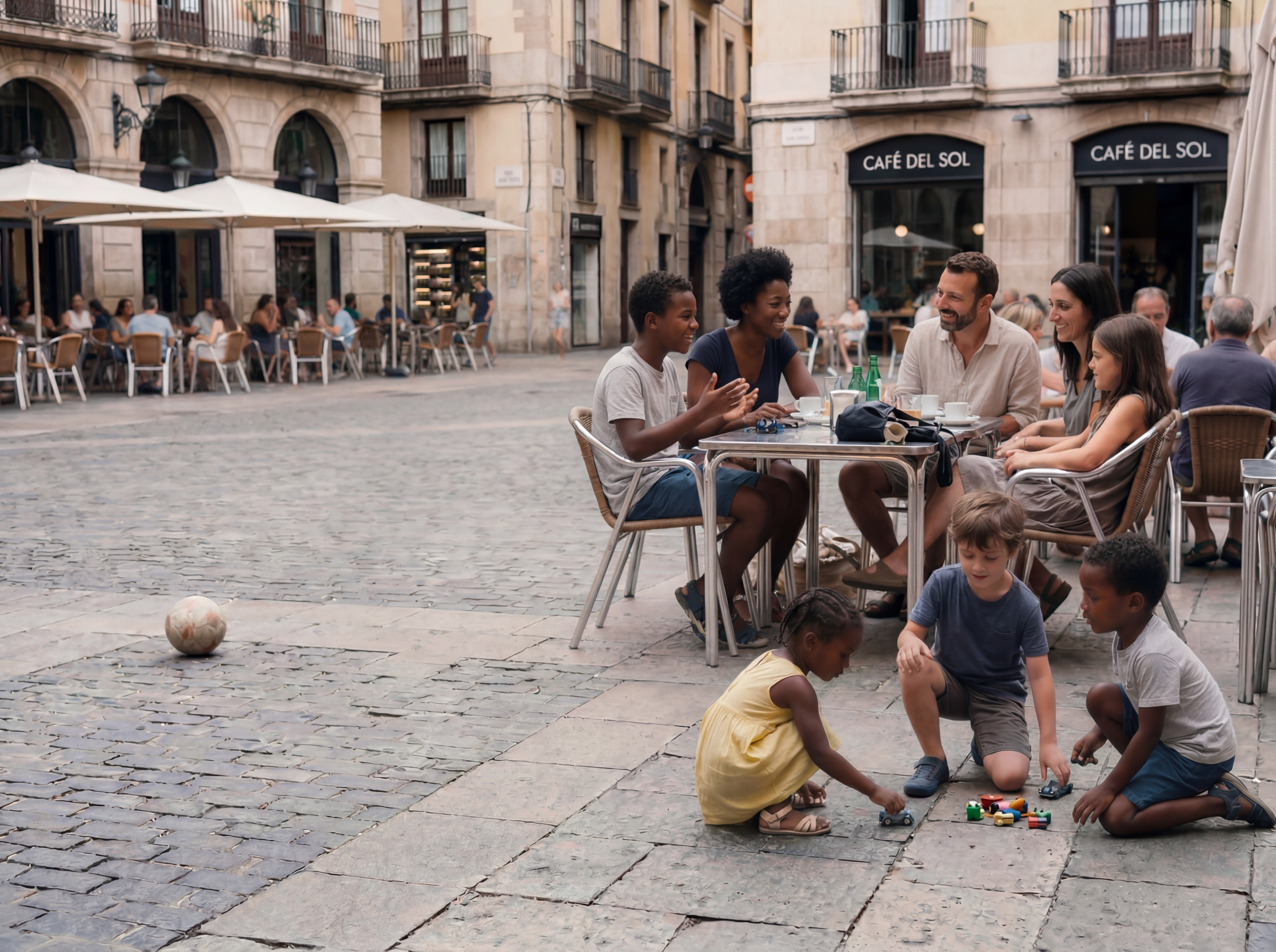 Families sharing time together in a local square