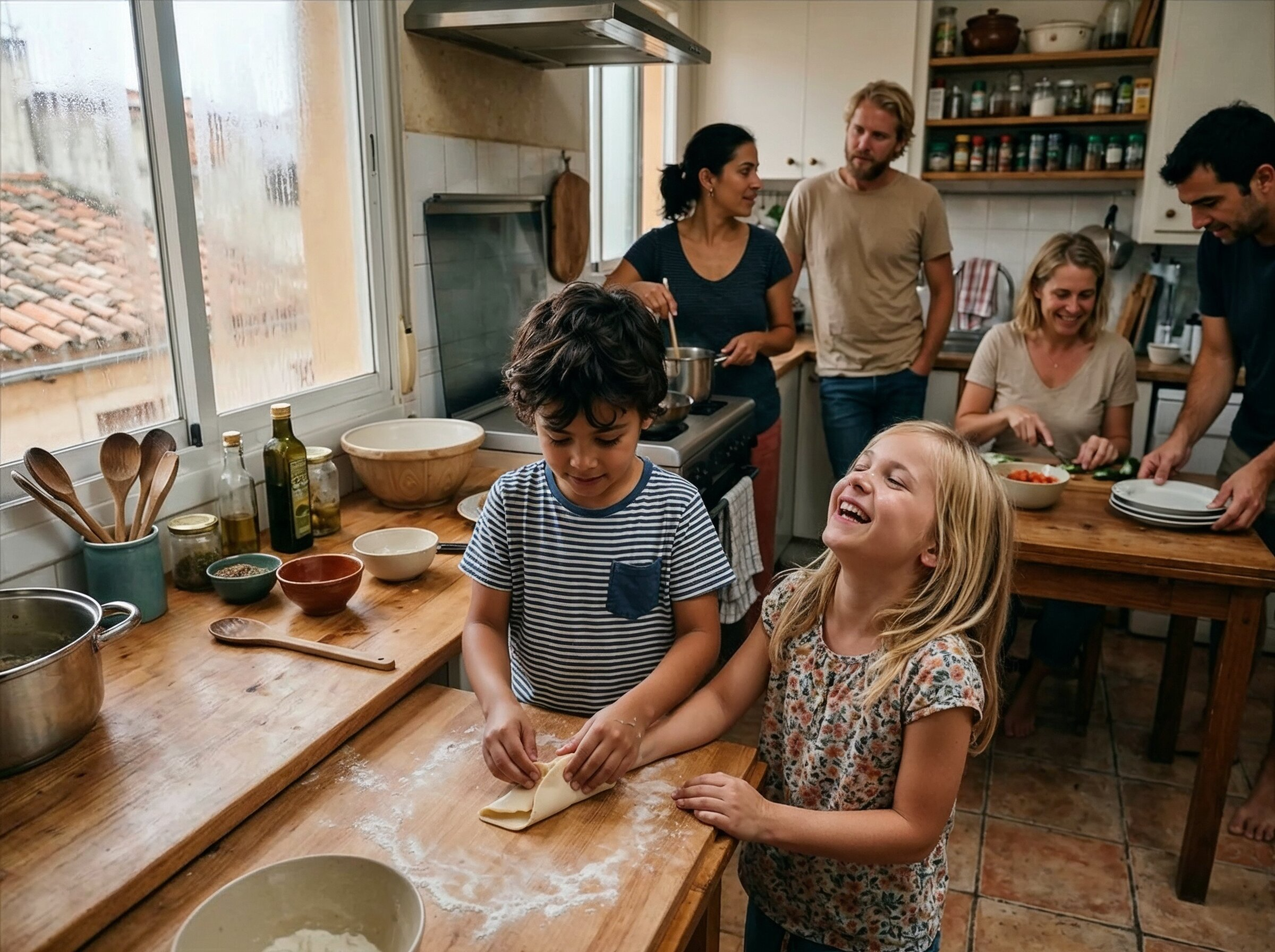 Two families cooking together in a home kitchen