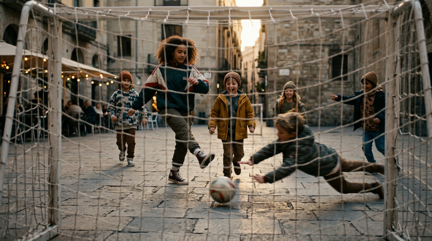 Children playing soccer together in Barcelona